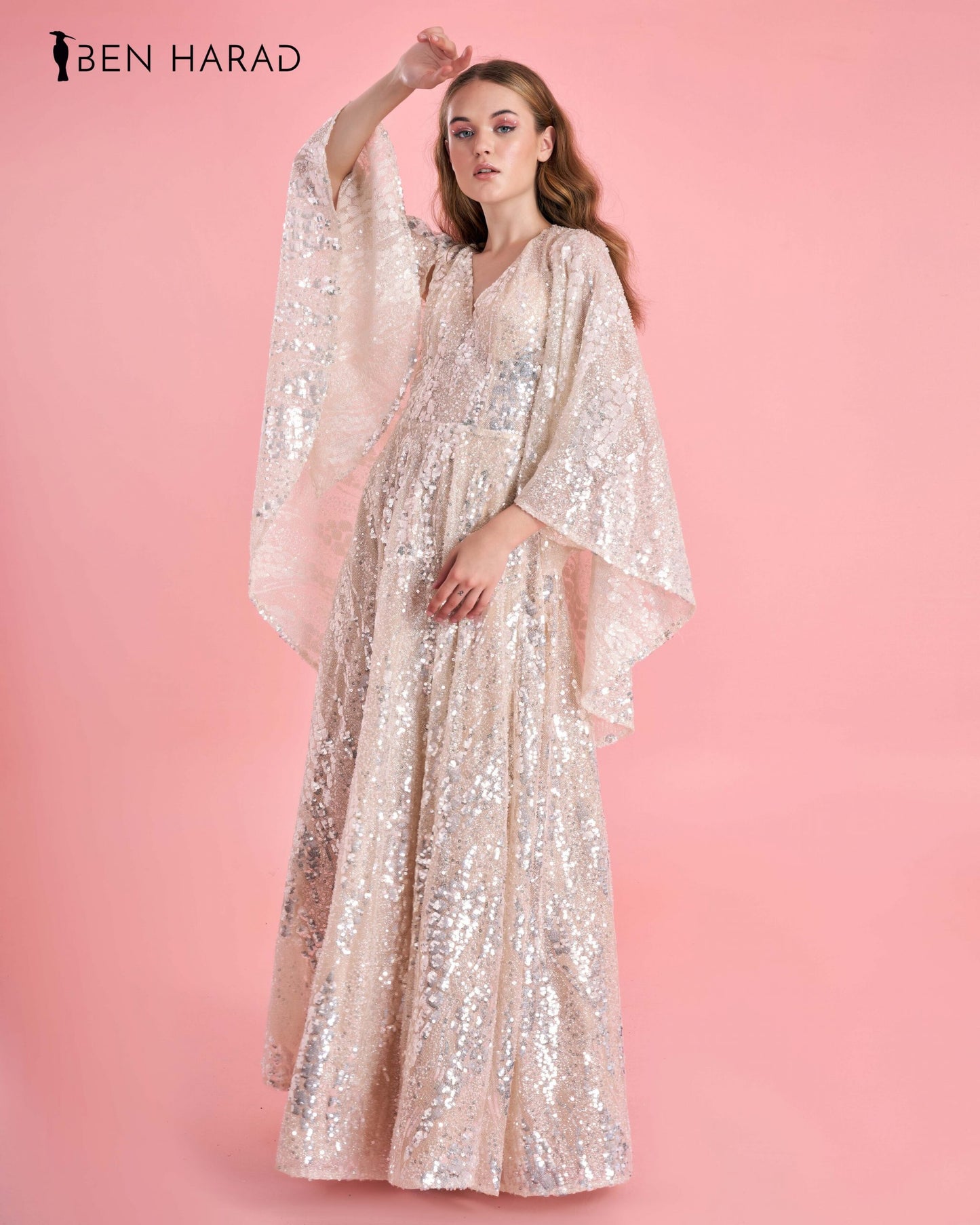 Champagne Pink Sequin Silvery Embroidered Maxi Dress