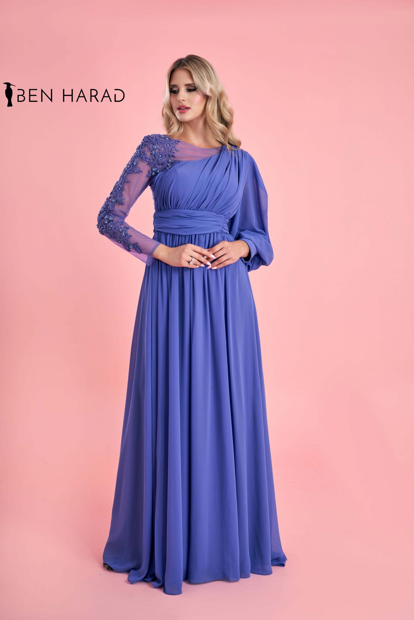Blue drape wrap One Shoulder Sequin Mesh with Split Thigh Chiffon Maxi Dress