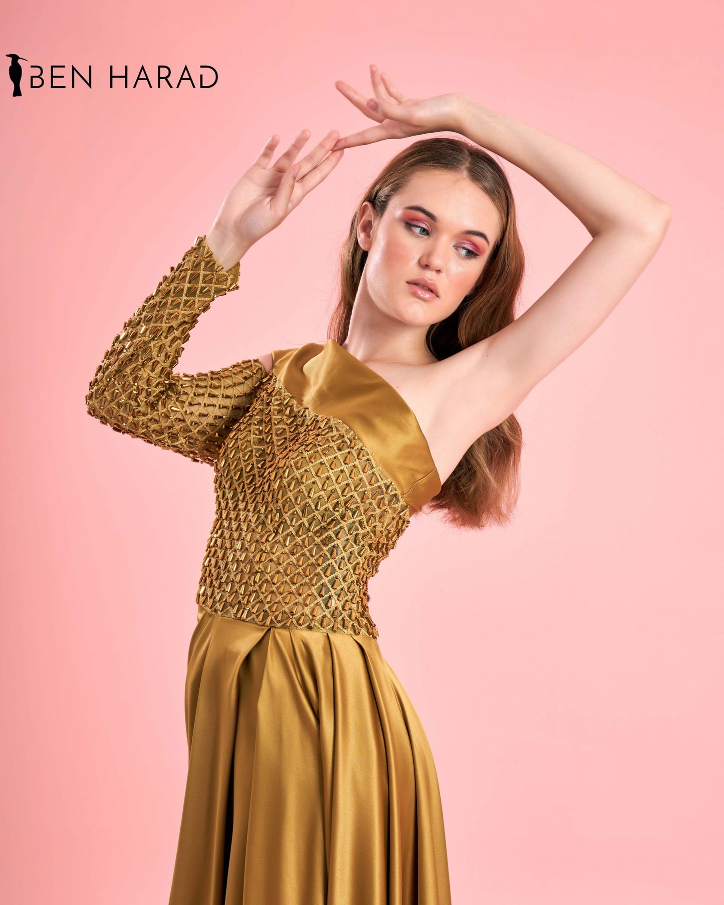 Golden Embroidered Sequin Bodice Split Thigh Maxi Satin Dress