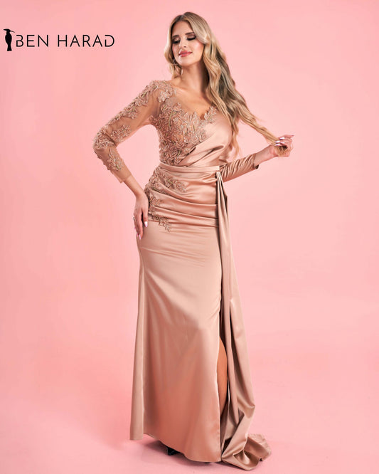 Pastel Peach Embroidered Belted Mermaid Maxi Satin Dress