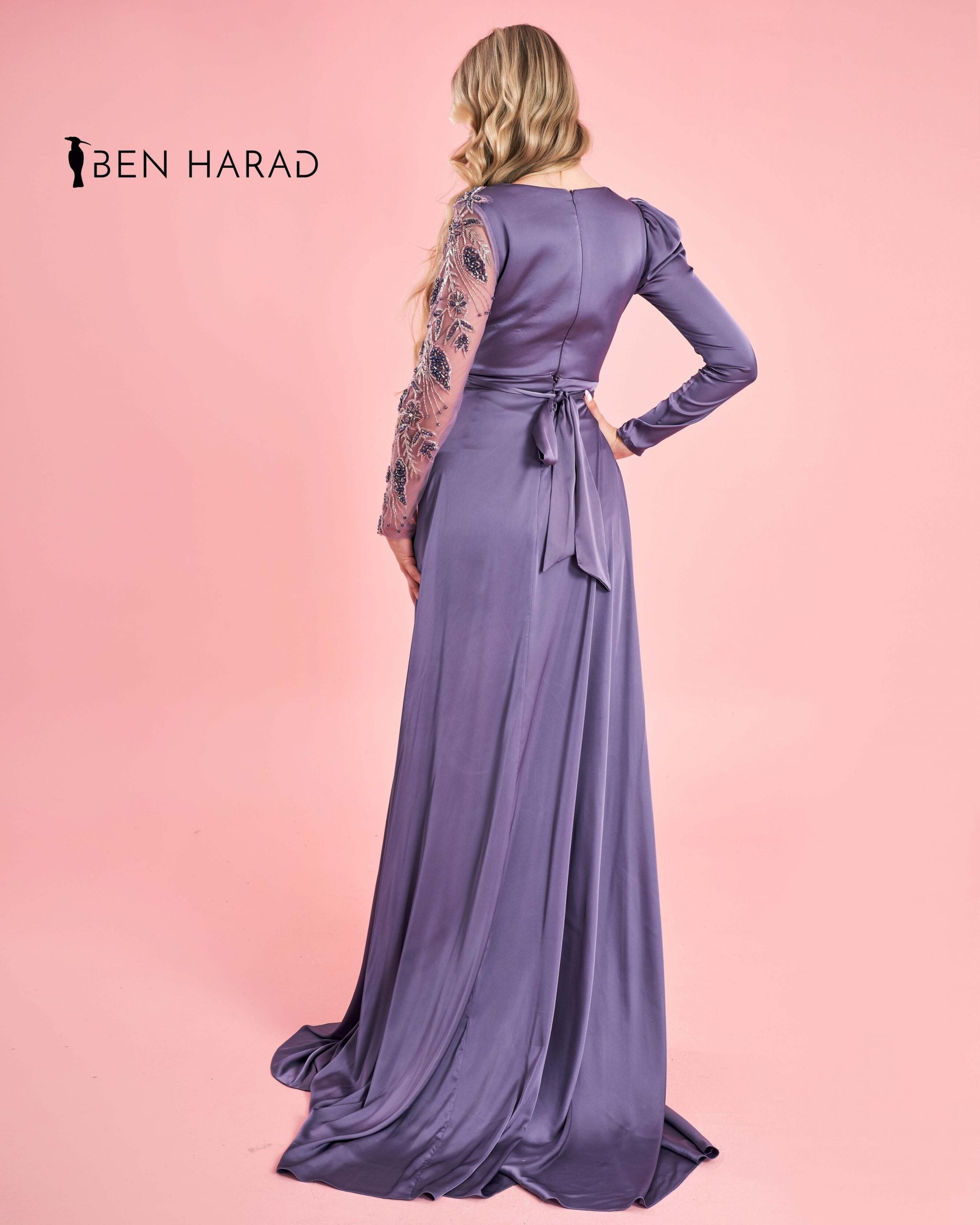 Moderate Purple Deep V Neck Long Sleeve Belted Maxi Satin Dress BenHarad