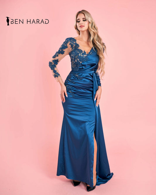 Blue Embroidered Belted Mermaid Maxi Satin Dress