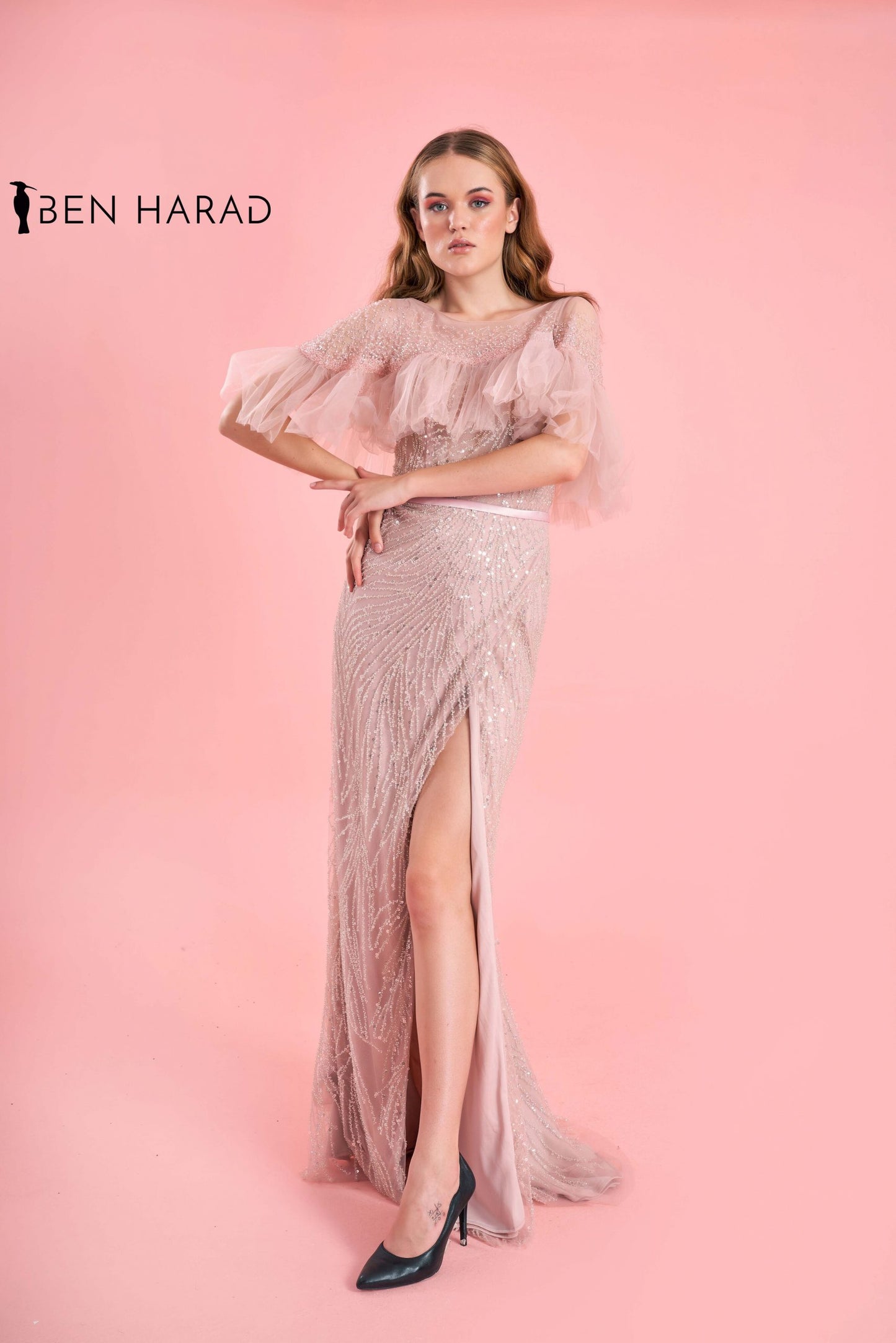 Veiled Pink Sequin Split Thigh Maxi Dress