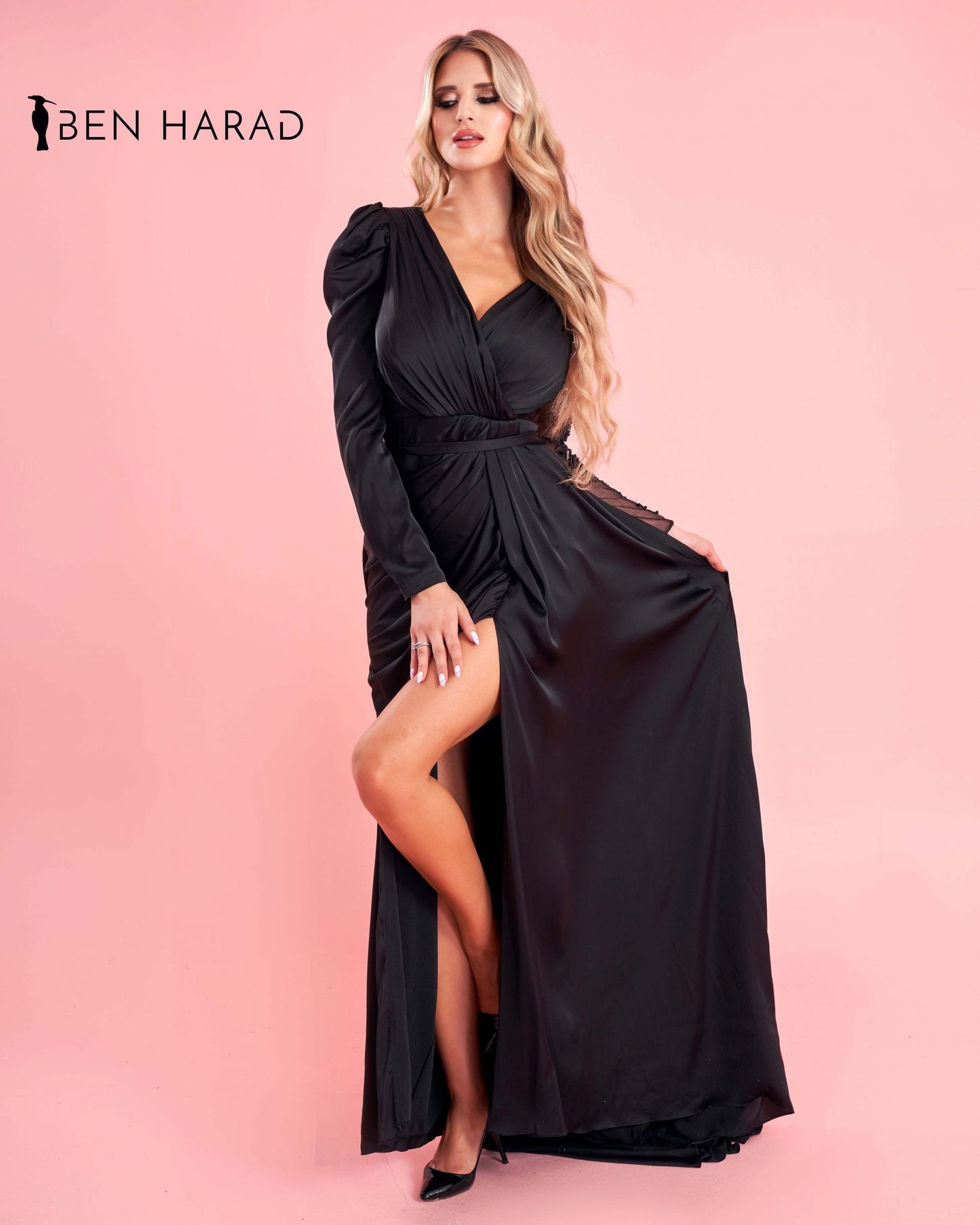 Black Front Folded V-Neck One Shoulder Sequin Embroidered Satin Dress
