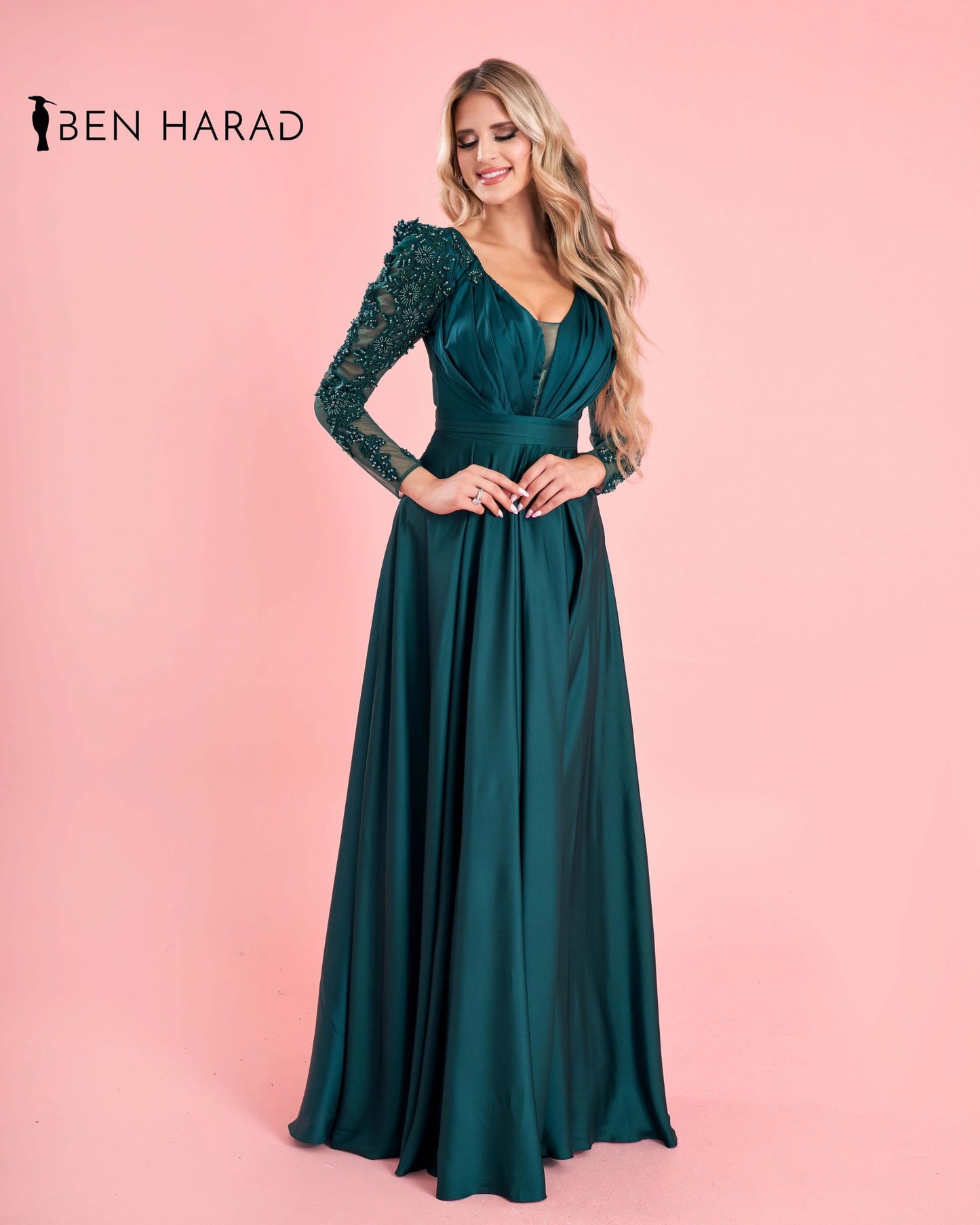 Teal Green Belted Full Embroidered Sequin Sleeve Flowing Satin Dress
