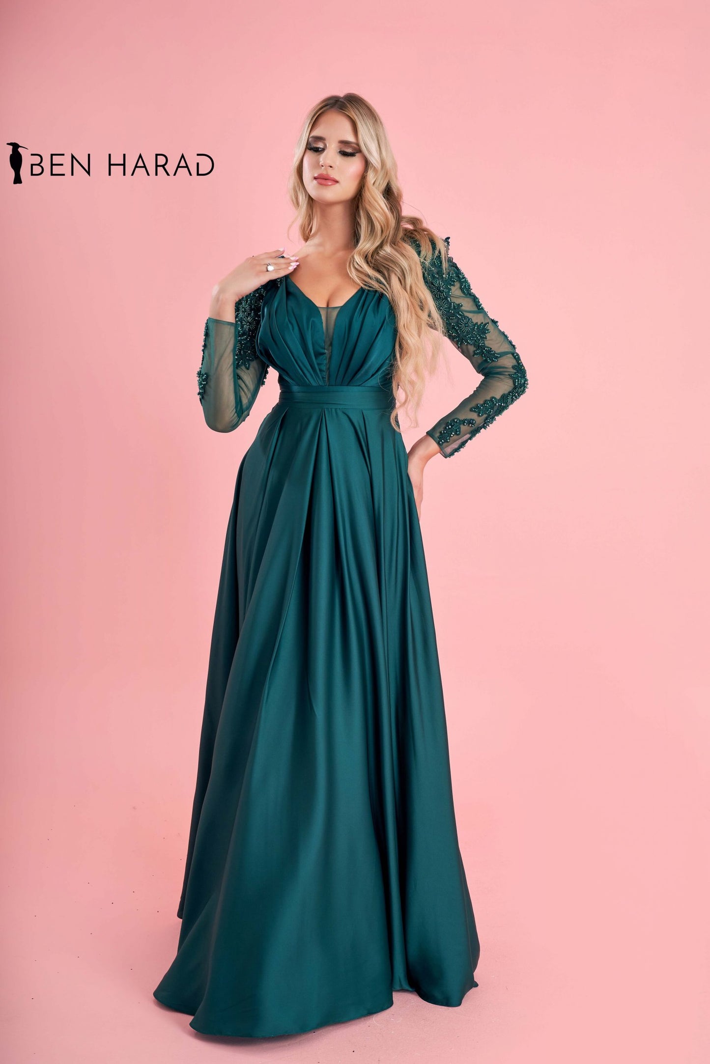 Teal Green Belted Full Embroidered Sequin Sleeve Flowing Satin Dress