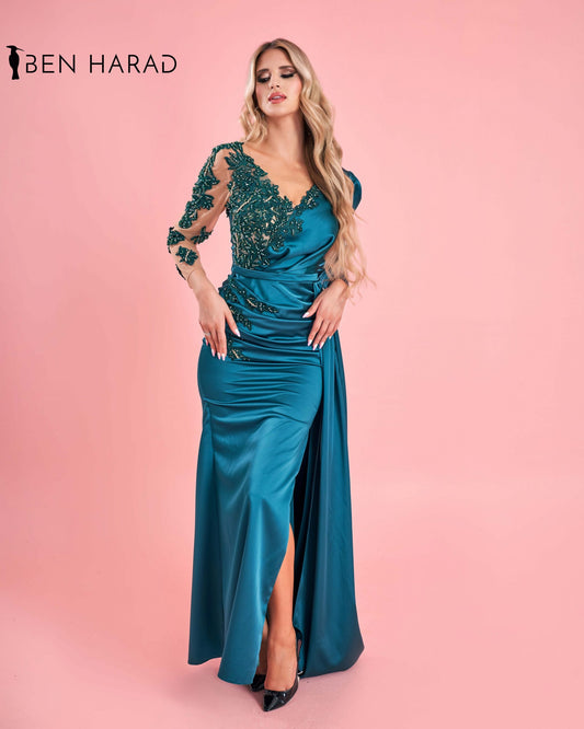 Turquoise Embroidered Belted Mermaid Maxi Satin Dress