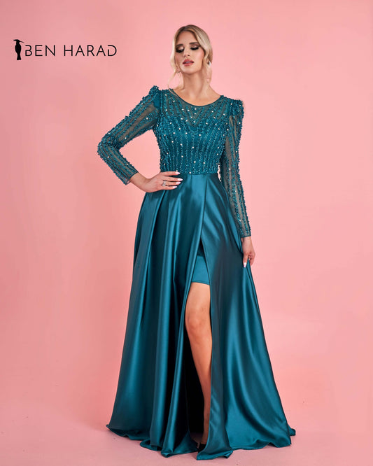 Turquoise Full Sequin Sleeves Satin Dress