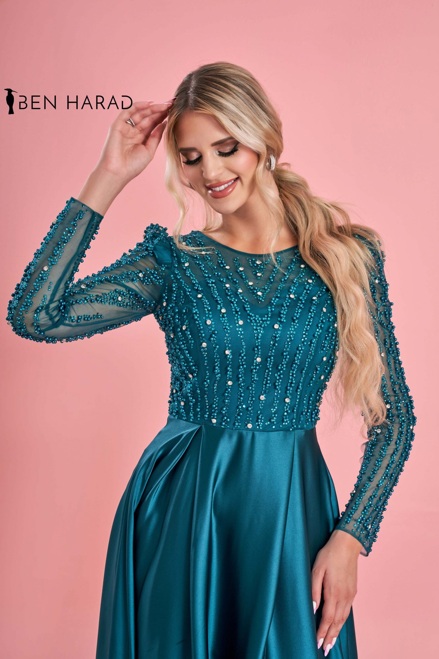 Turquoise Full Sequin Sleeves Satin Dress