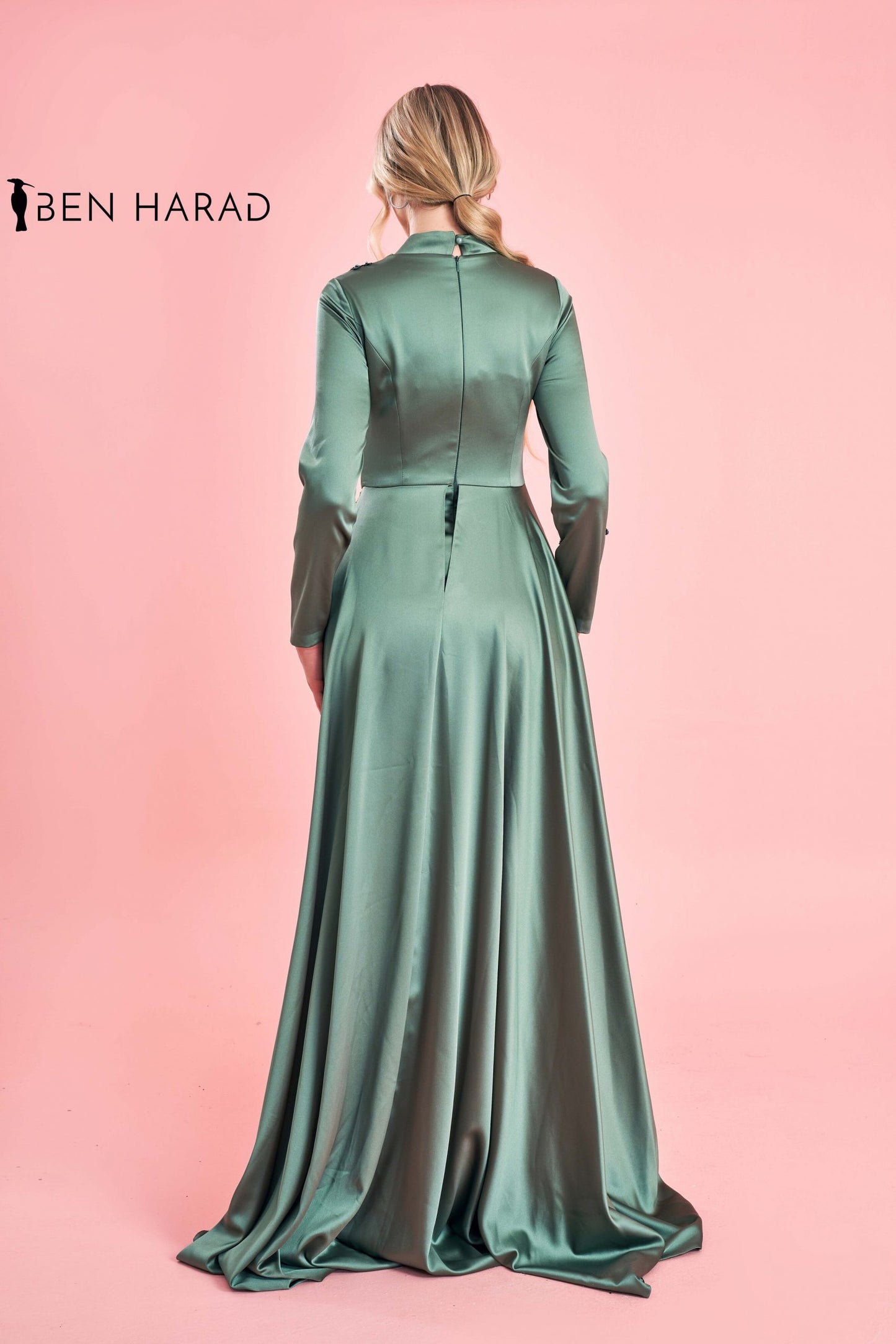 Mint Green Modest Embroidered Front Folded Satin Dress
