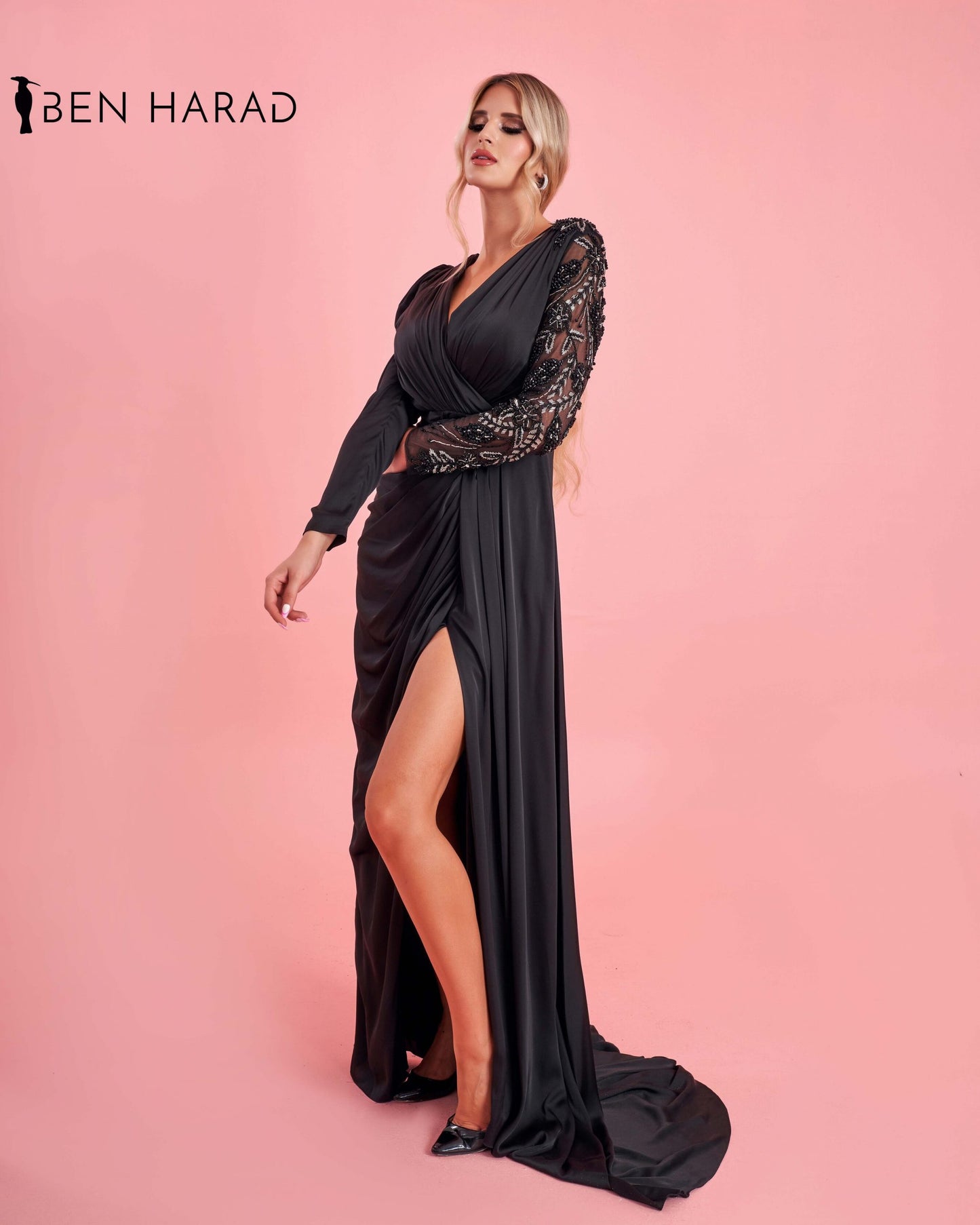 Black Front Folded V-Neck One Shoulder Sequin Embroidered Satin Dress