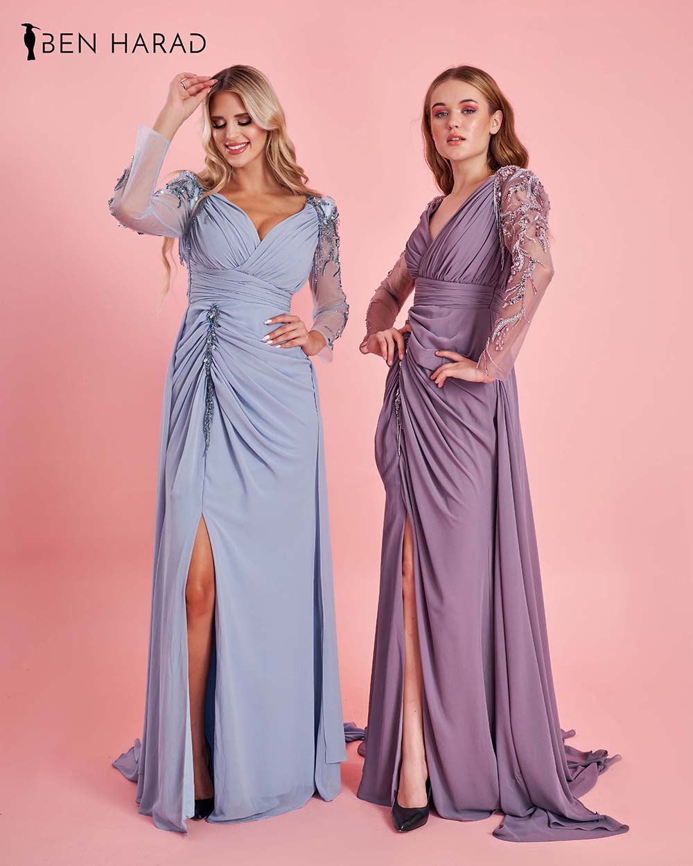 Pale Lavender Wrap Waist Full Sequin Embroidered Sleeve Deep V-Neck Split Thigh Draped Maxi Dress