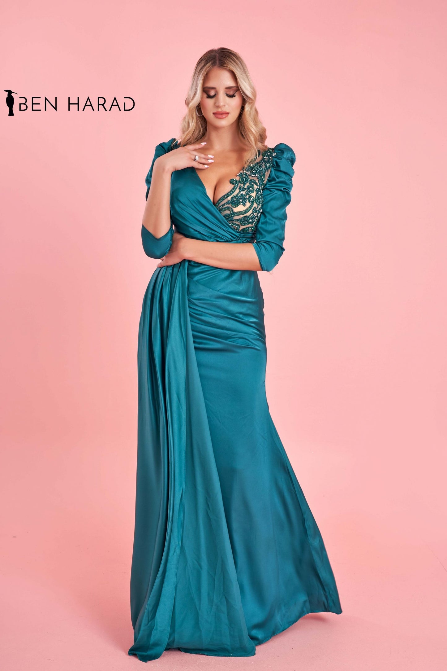 Turquoise Deep V Neck Embroidered Satin Dress