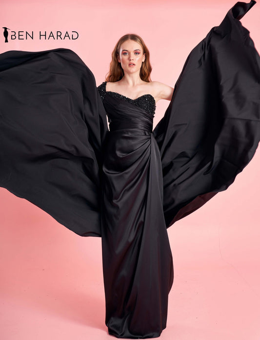 Black Long Side Folded Satin Dress With Sequin Bodice