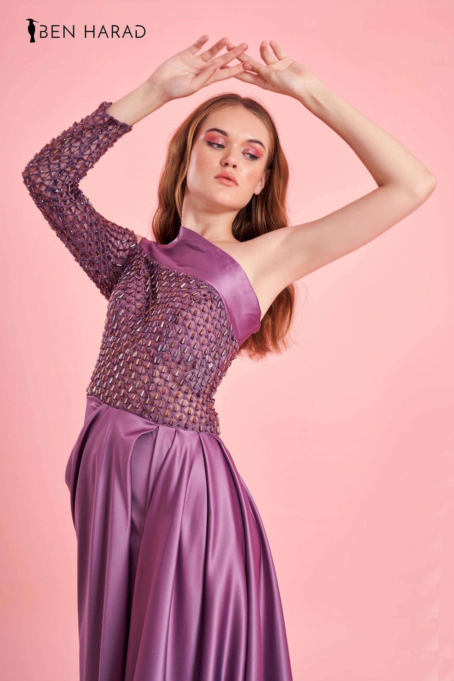Plum Purple Embroidered Sequin Bodice Split Thigh Maxi Satin Dress