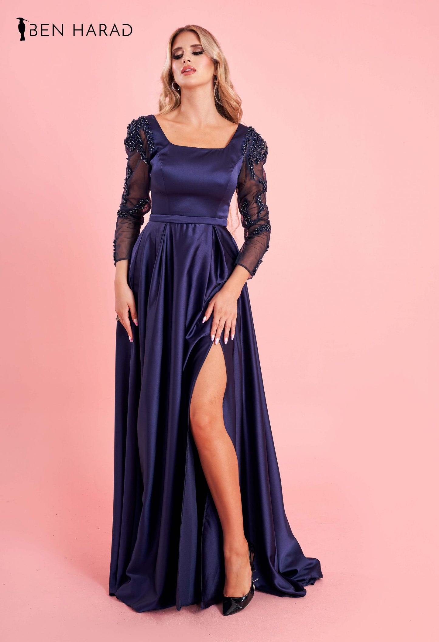 Blue Satin Maxi Dress With Embroidered Sequin Sleeves