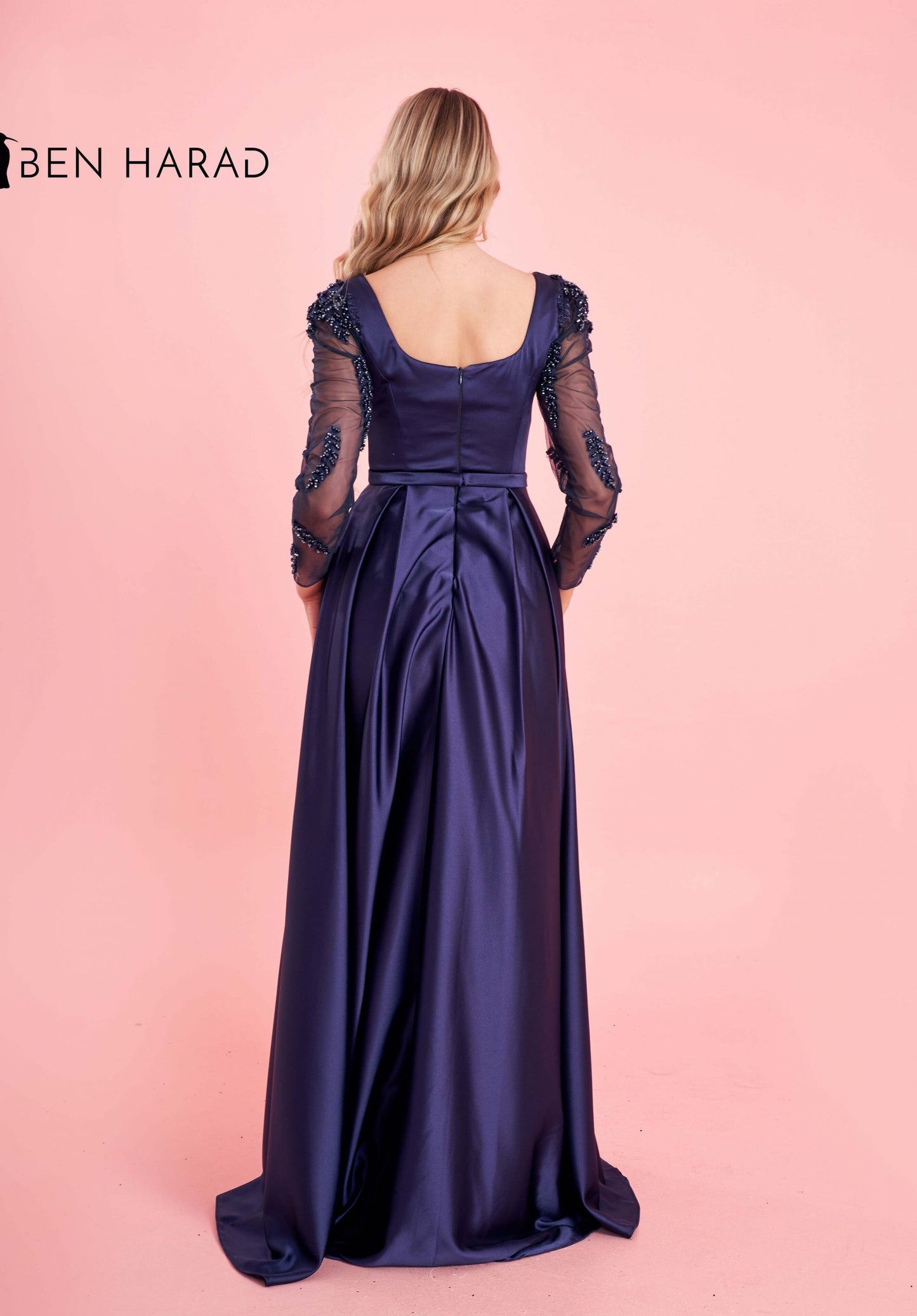 Blue Satin Maxi Dress With Embroidered Sequin Sleeves