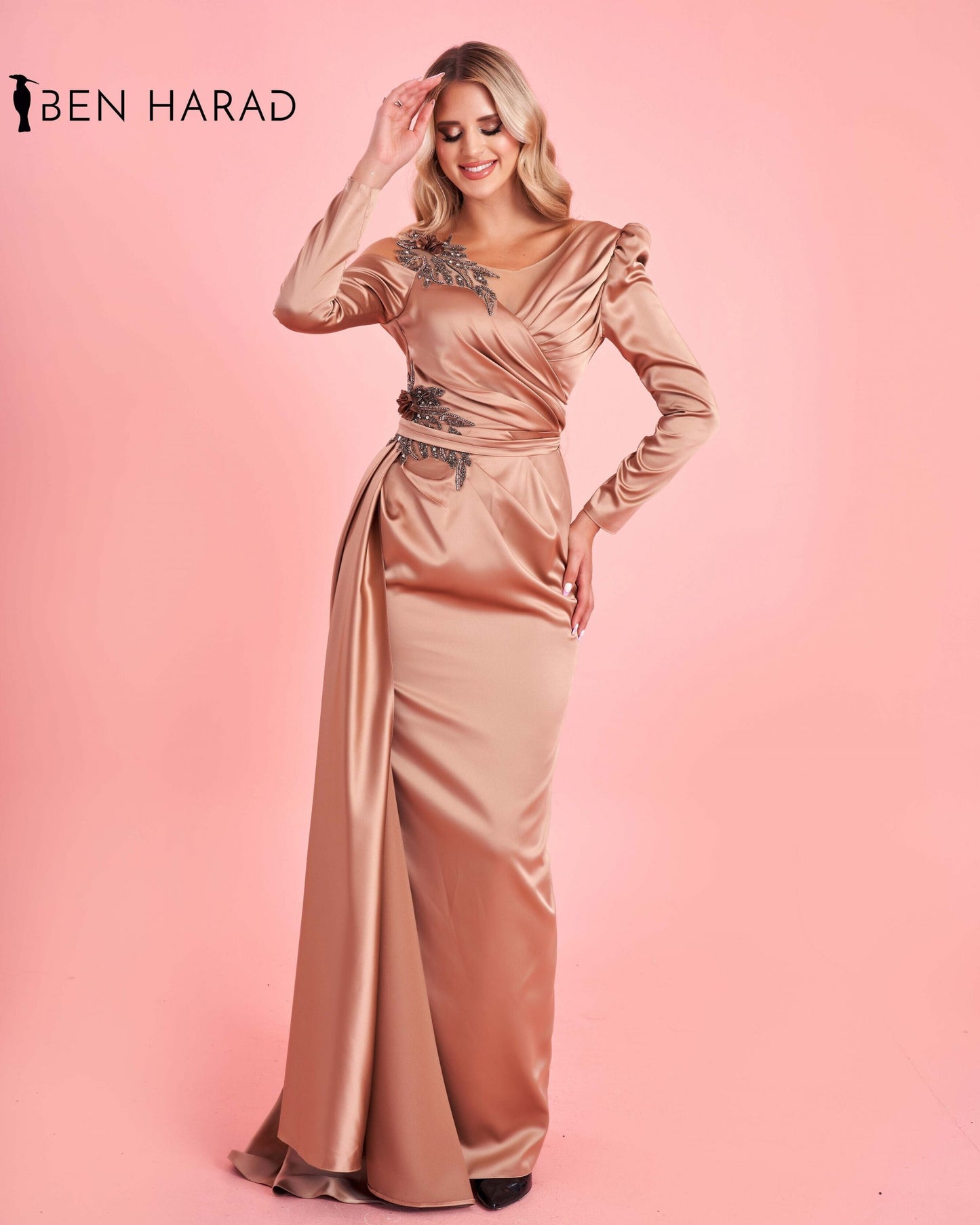 Pastel Peach Long Sleeve Belted Mermaid Maxi Satin Dress With Attached Skirt