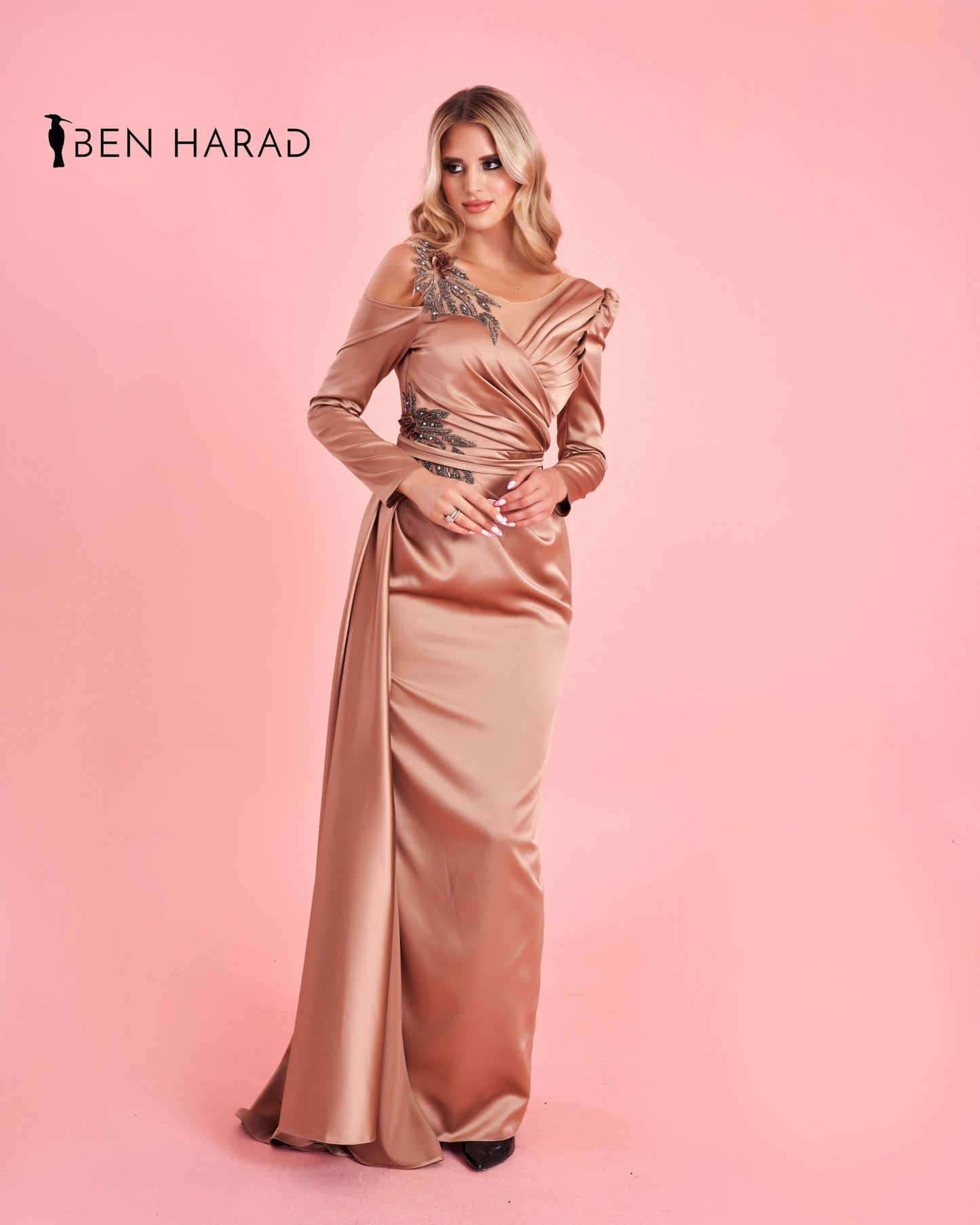 Pastel Peach Long Sleeve Belted Mermaid Maxi Satin Dress With Attached Skirt