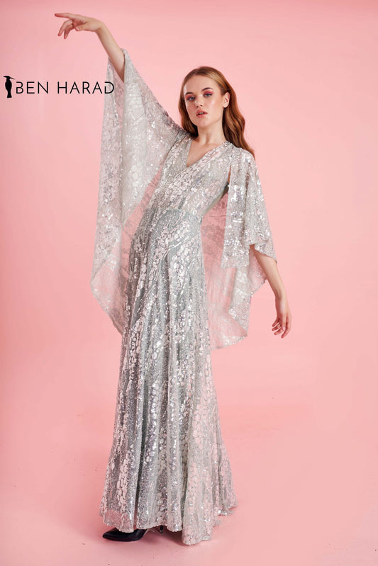 Silver Sequin Embroidered Maxi Dress