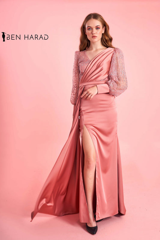 Coral Pink Glittery Sequin Shoulders Split Thigh Maxi Satin Dress