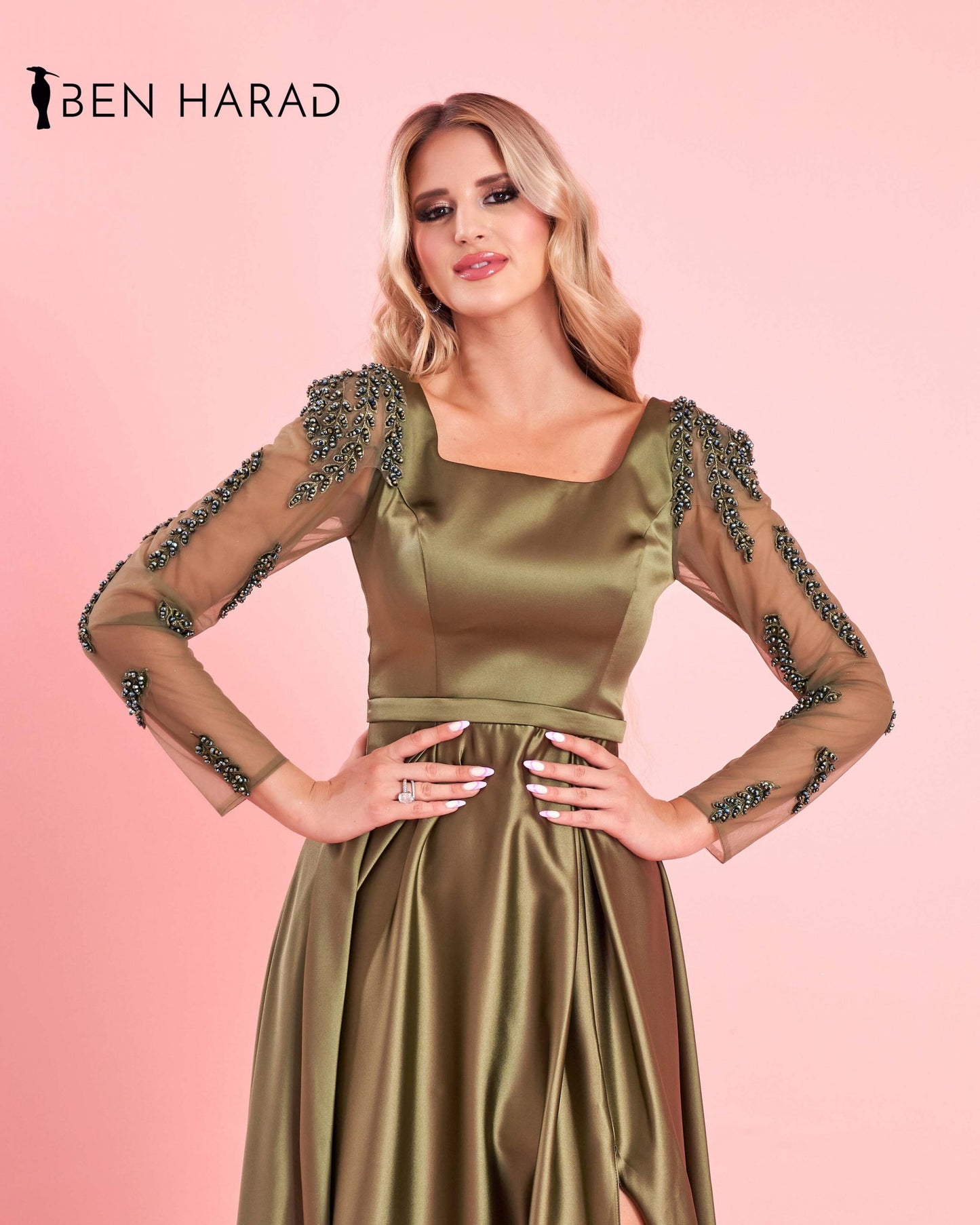 Green Satin Maxi Dress With Embroidered Sequin Sleeves