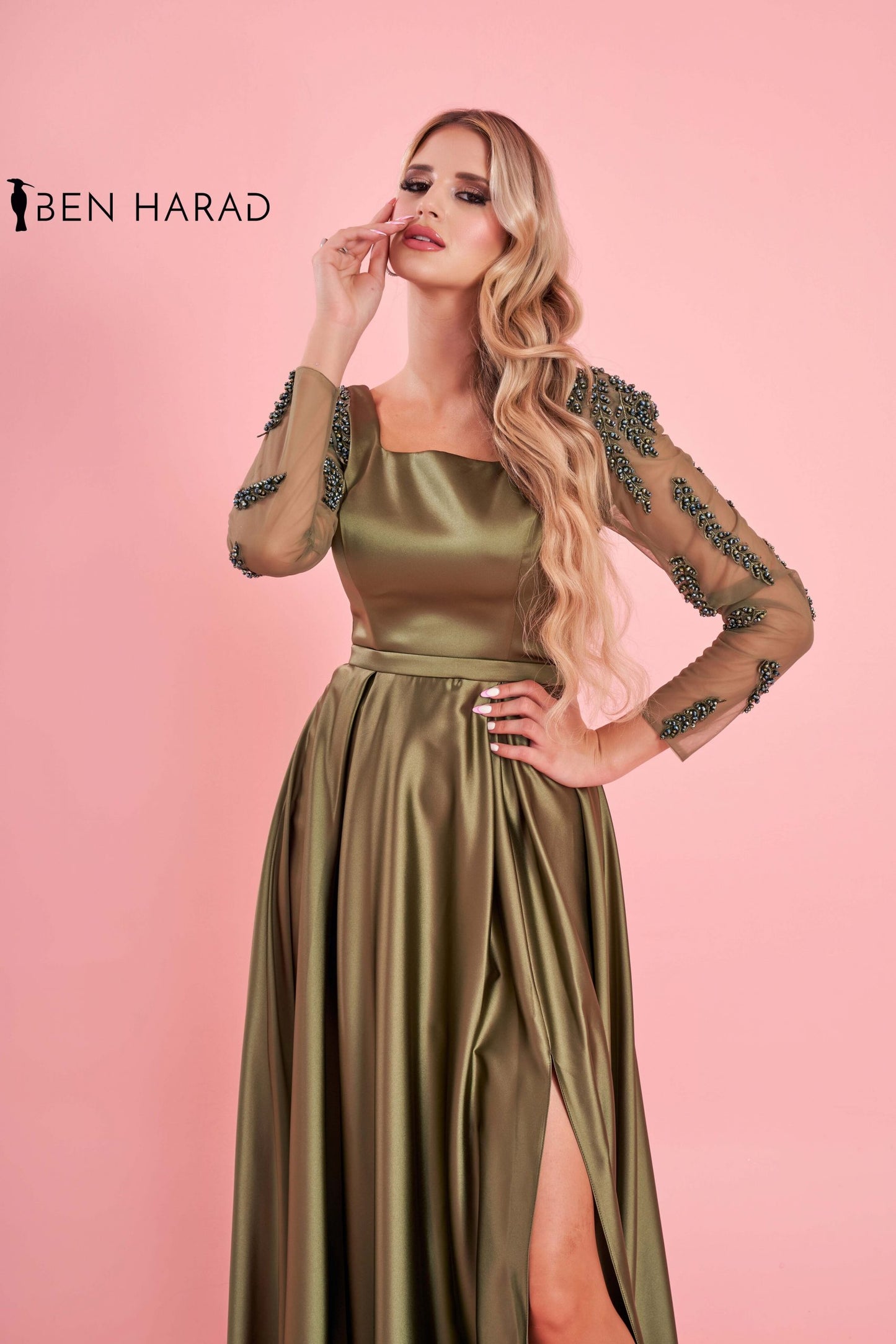 Green Satin Maxi Dress With Embroidered Sequin Sleeves