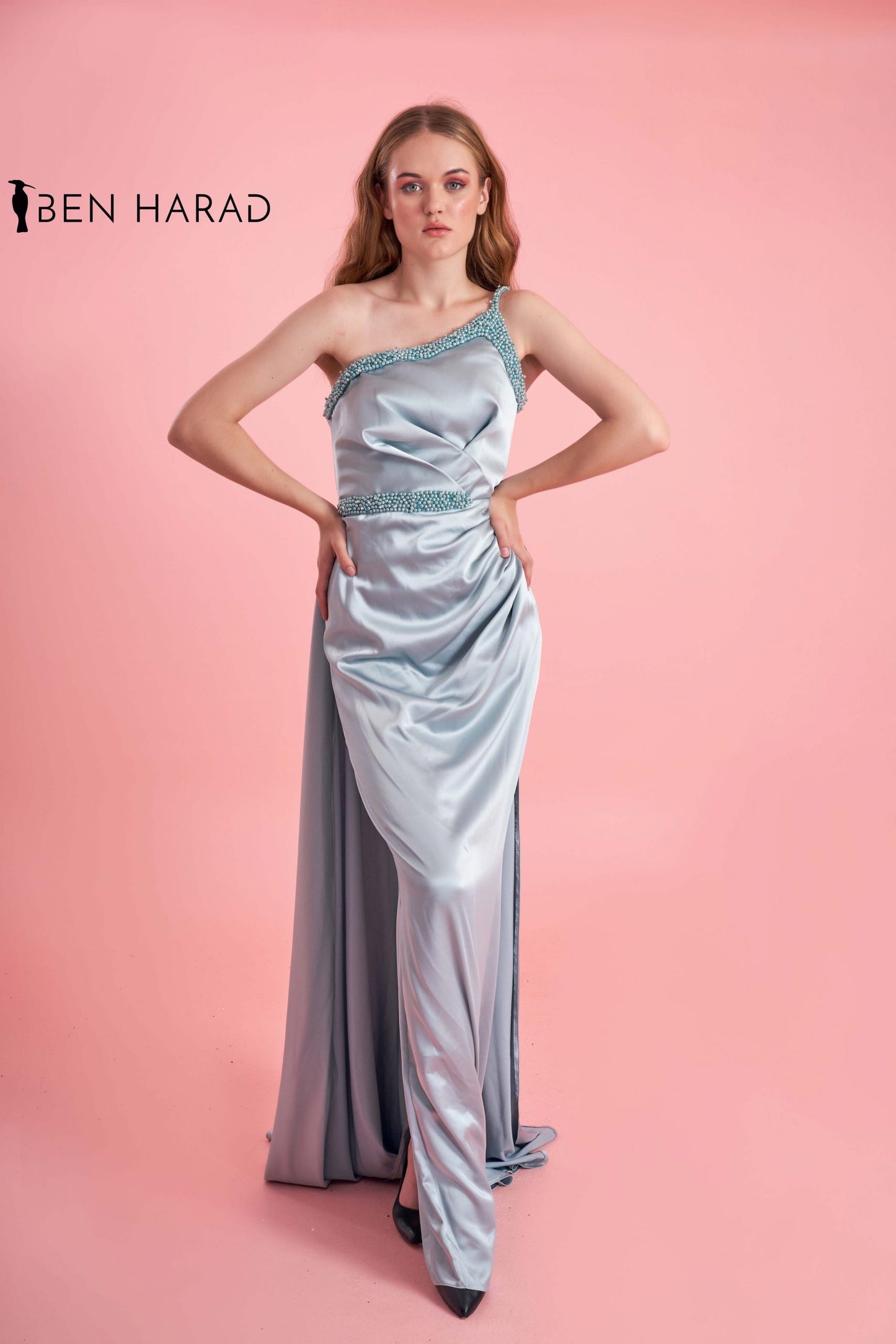 Light Grey Maxi Satin Dress With Attached Skirt