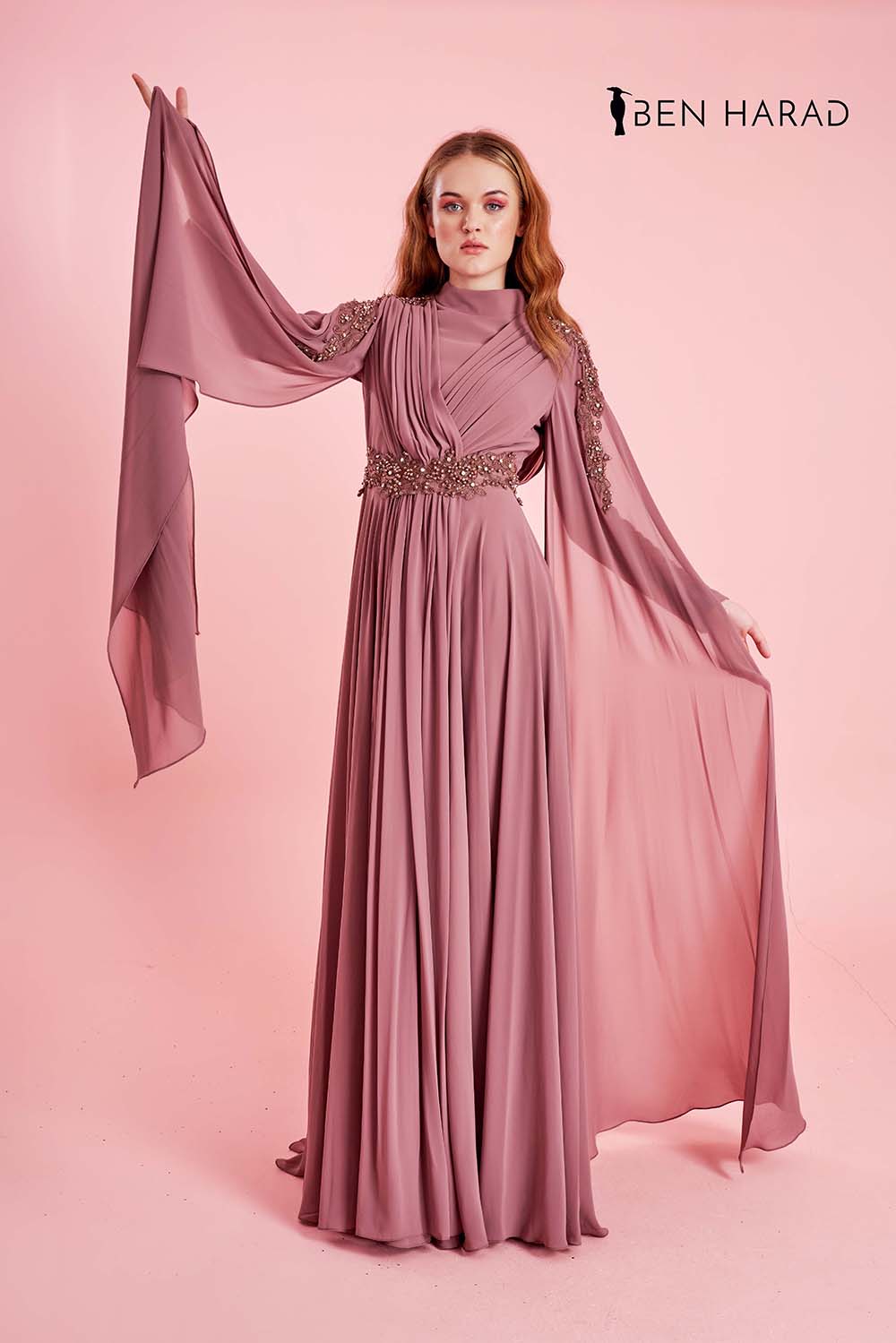 Dusty Pink High Neck Draped wrap Long Sleeve Embroidered Belted Floor-Length Chiffon Dress