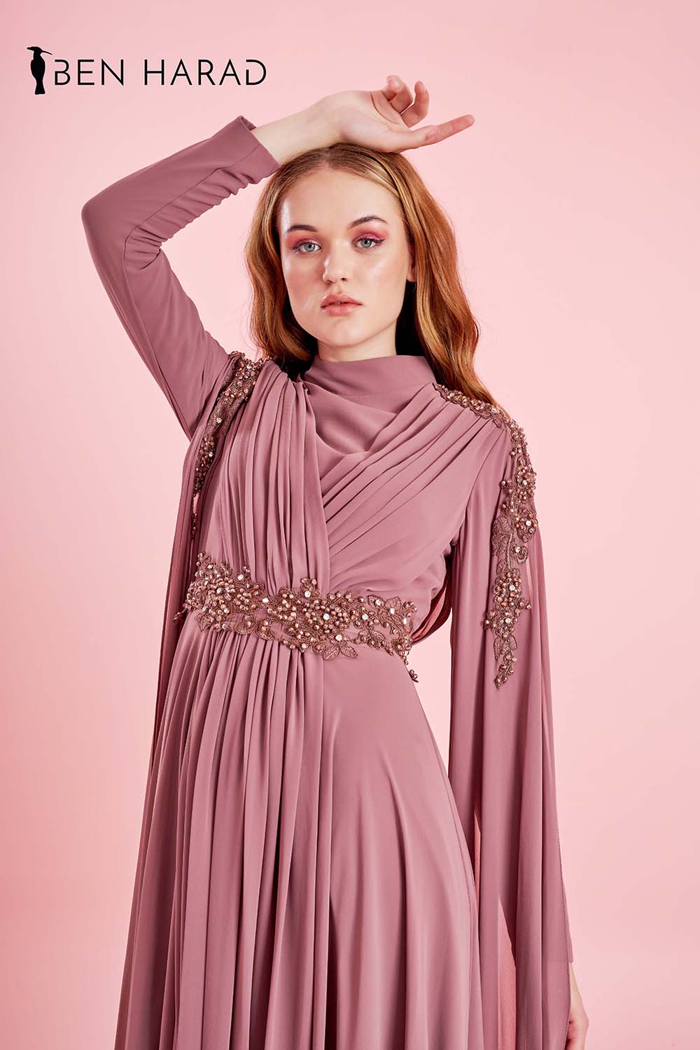 Dusty Pink High Neck Draped wrap Long Sleeve Embroidered Belted Floor-Length Chiffon Dress