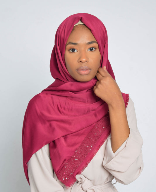 Raspberry Sequin Edge Satin Hijab