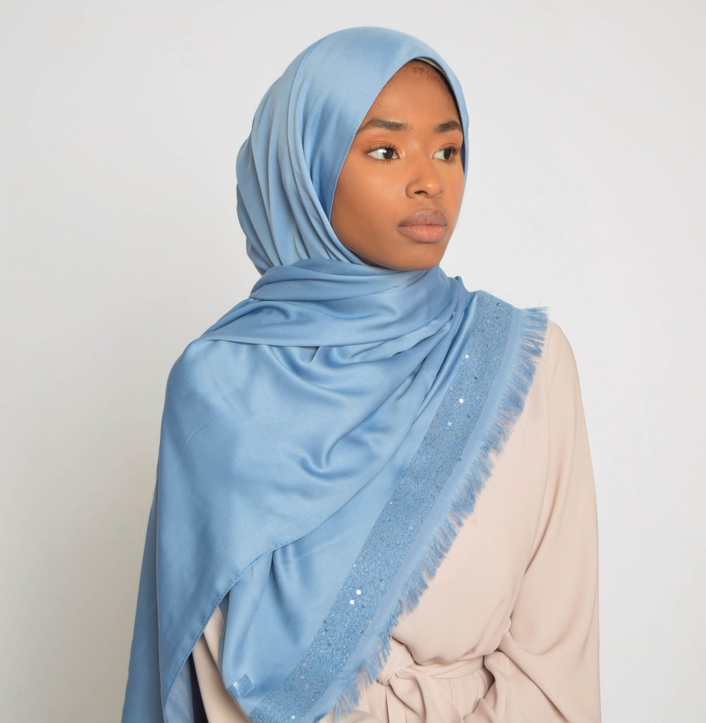 Carolina Blue Sequin Edge Satin Hijab