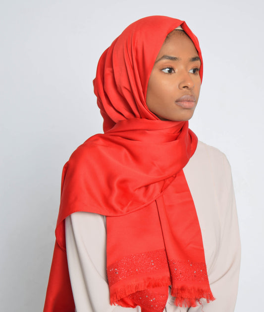 Red Sequin Edge Satin Hijab