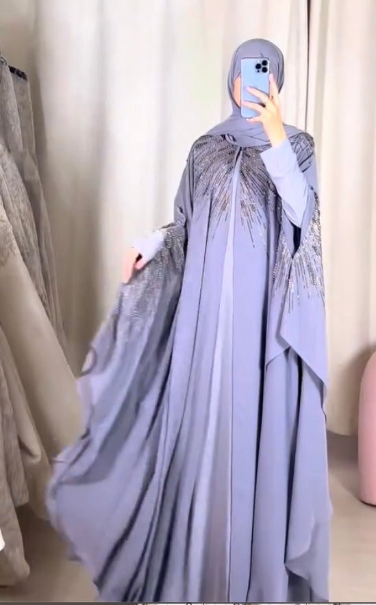 Dolphin Grey Chiffon Embroidered Butterfly Abaya