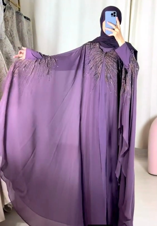 Purple Chiffon Embroidered Butterfly Abaya