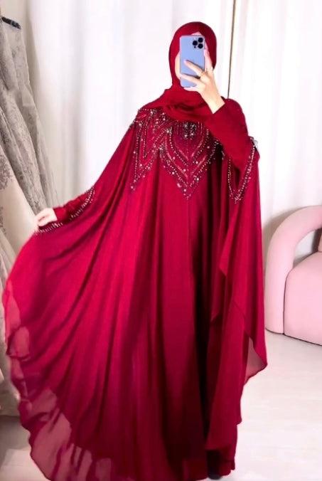 Red Chiffon Embroidered Butterfly Abaya