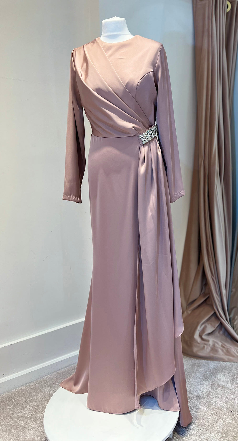 Dusty Pink Satin Maxi Dress with Side Drape Detail