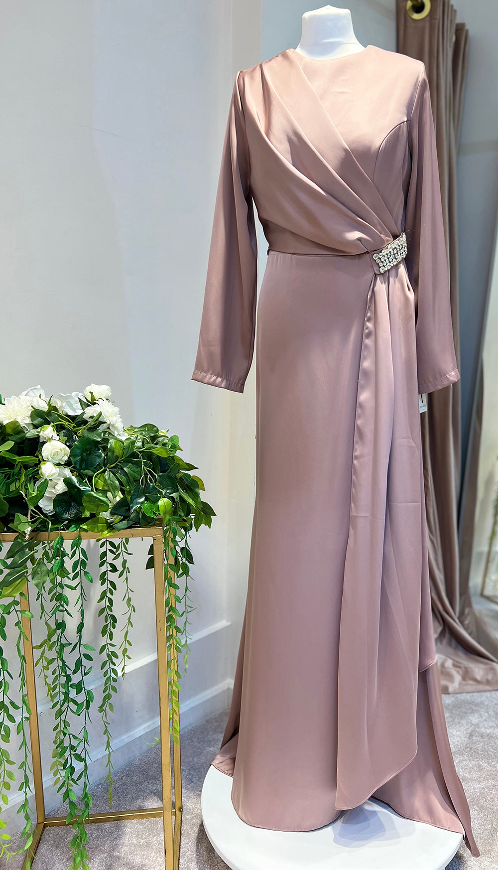 Dusty Pink Satin Maxi Dress with Side Drape Detail