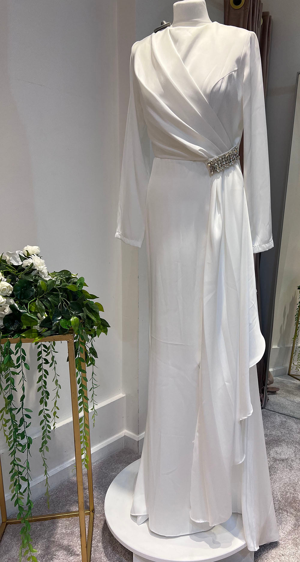 White Satin Maxi Dress with Side Drape Detail
