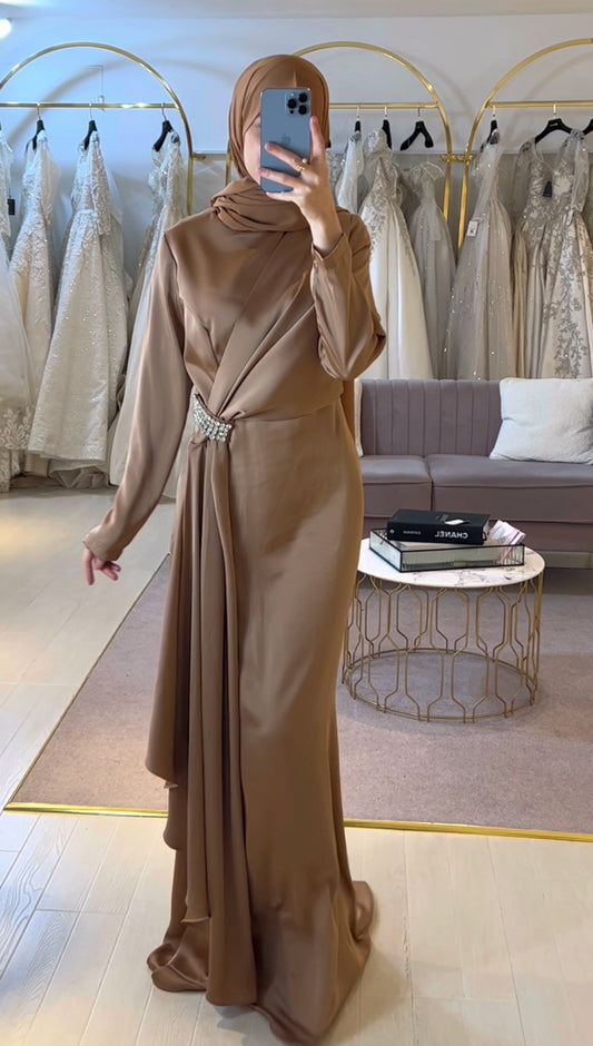 Caramel Satin Maxi Dress With Side Drape Detail