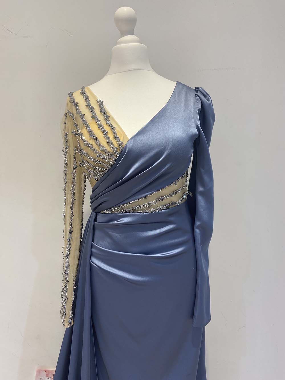 Blue Embroidered Satin Maxi Dress with Drape Detail