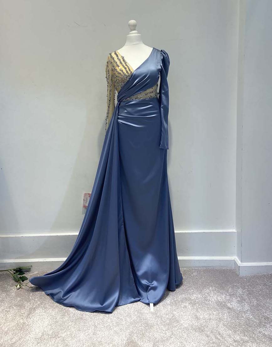 Blue Embroidered Satin Maxi Dress with Drape Detail