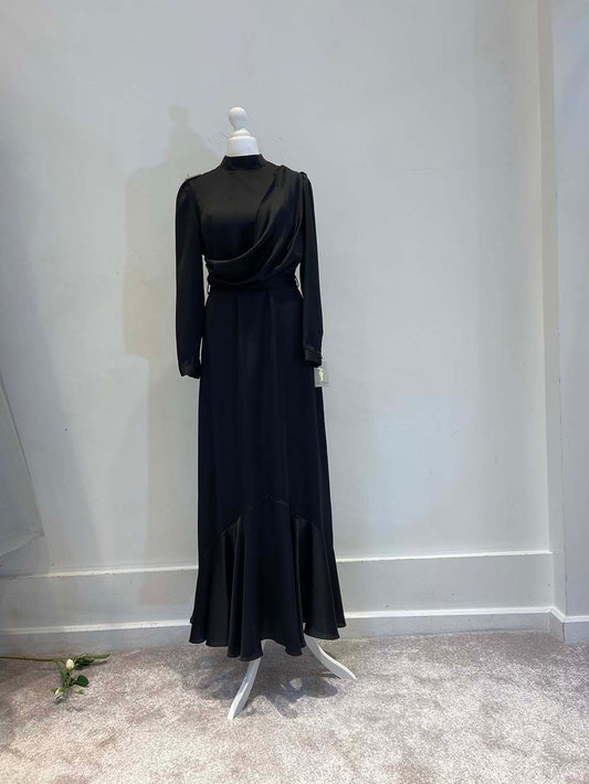 Black Long Sleeve Front Drape High Neck with Ruffle Detail Satin Dress