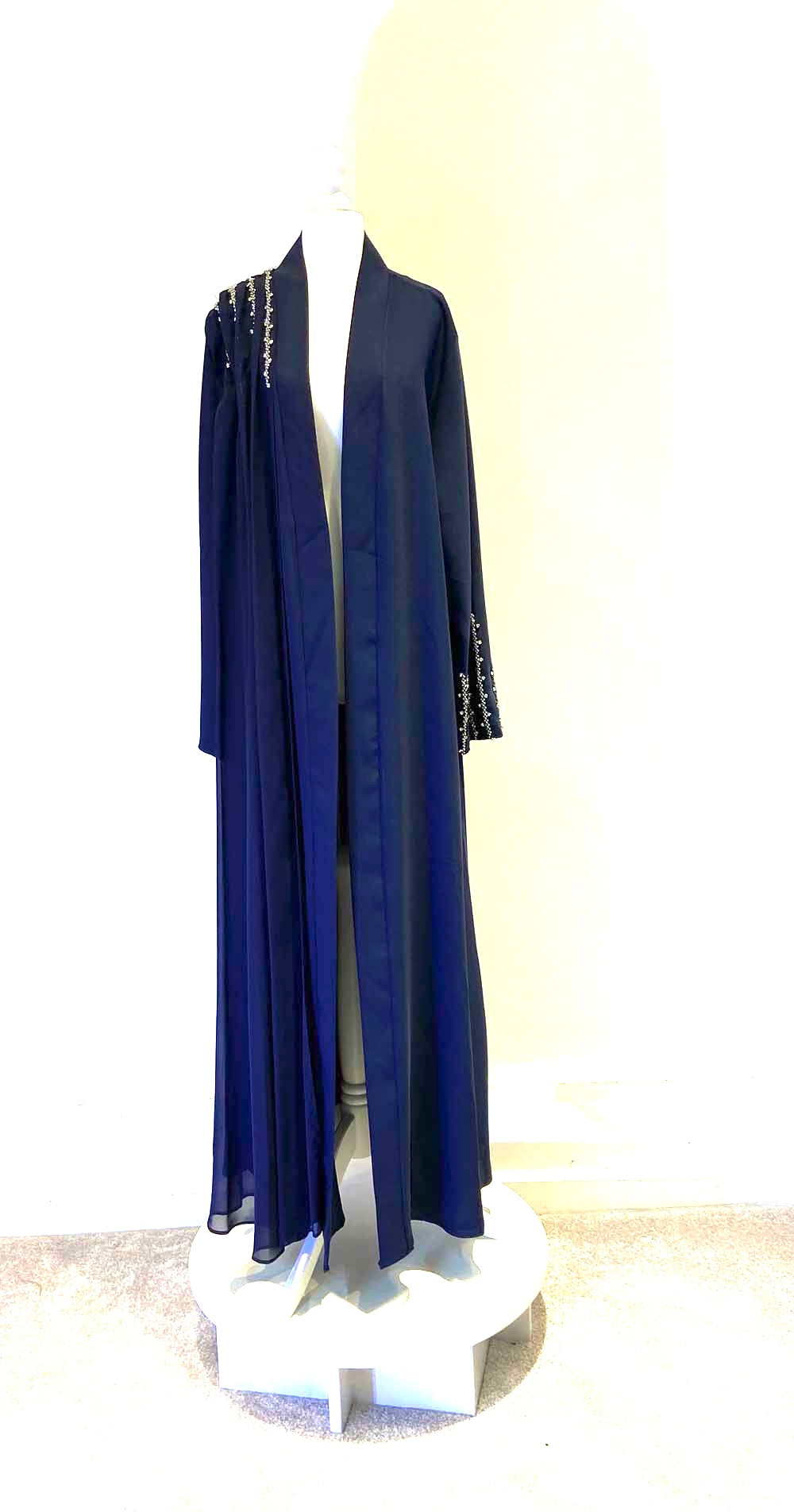 Navy Blue Silver Stone Embroidered With Drape Detail and Belt Abaya