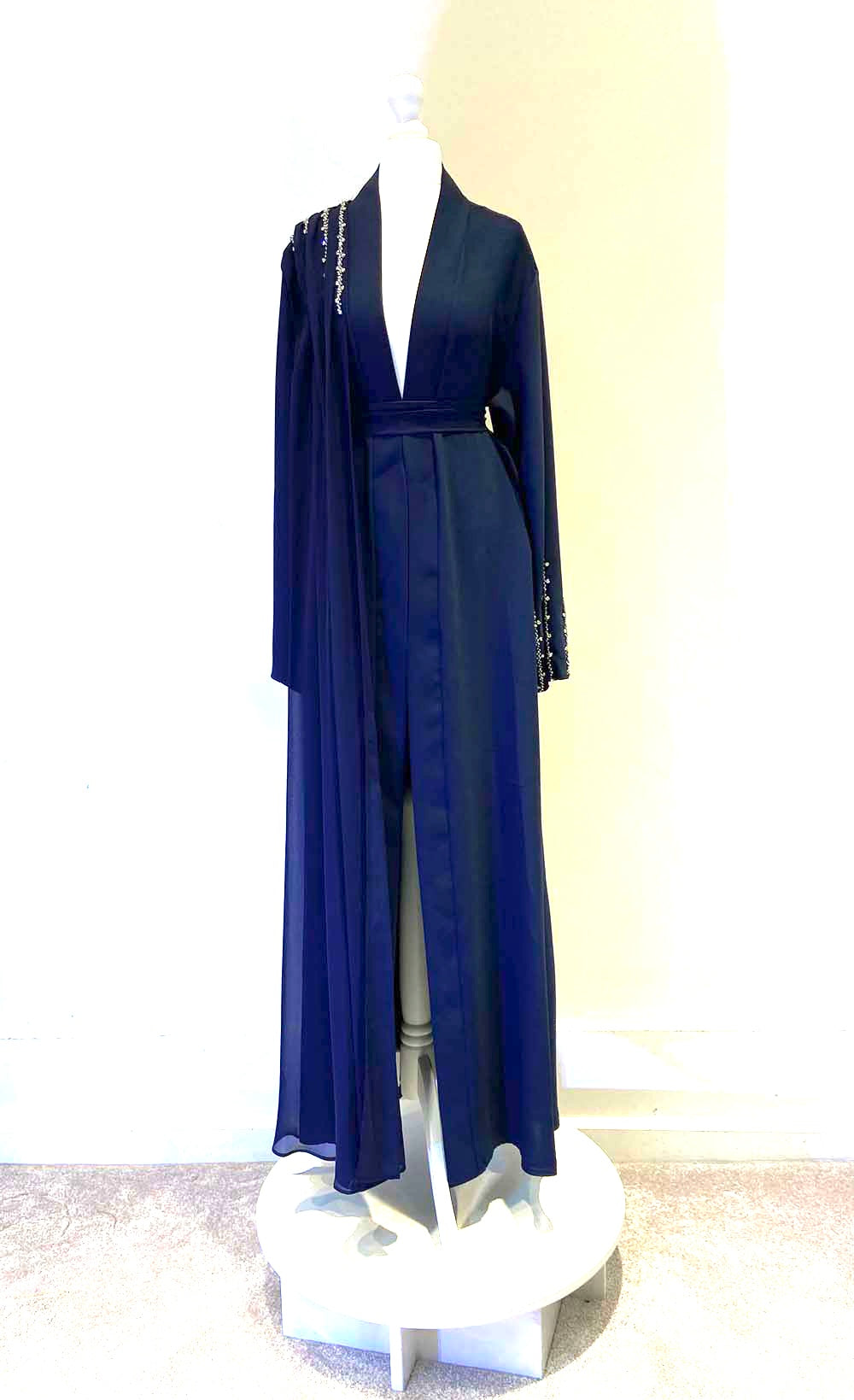 Navy Blue Silver Stone Embroidered With Drape Detail and Belt Abaya
