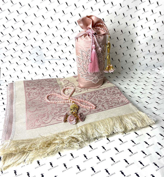 Islamic Luxury Gift Embroidered Pack Of Prayer Rug Prayer Mat With Prayer Beads Tasbeeh