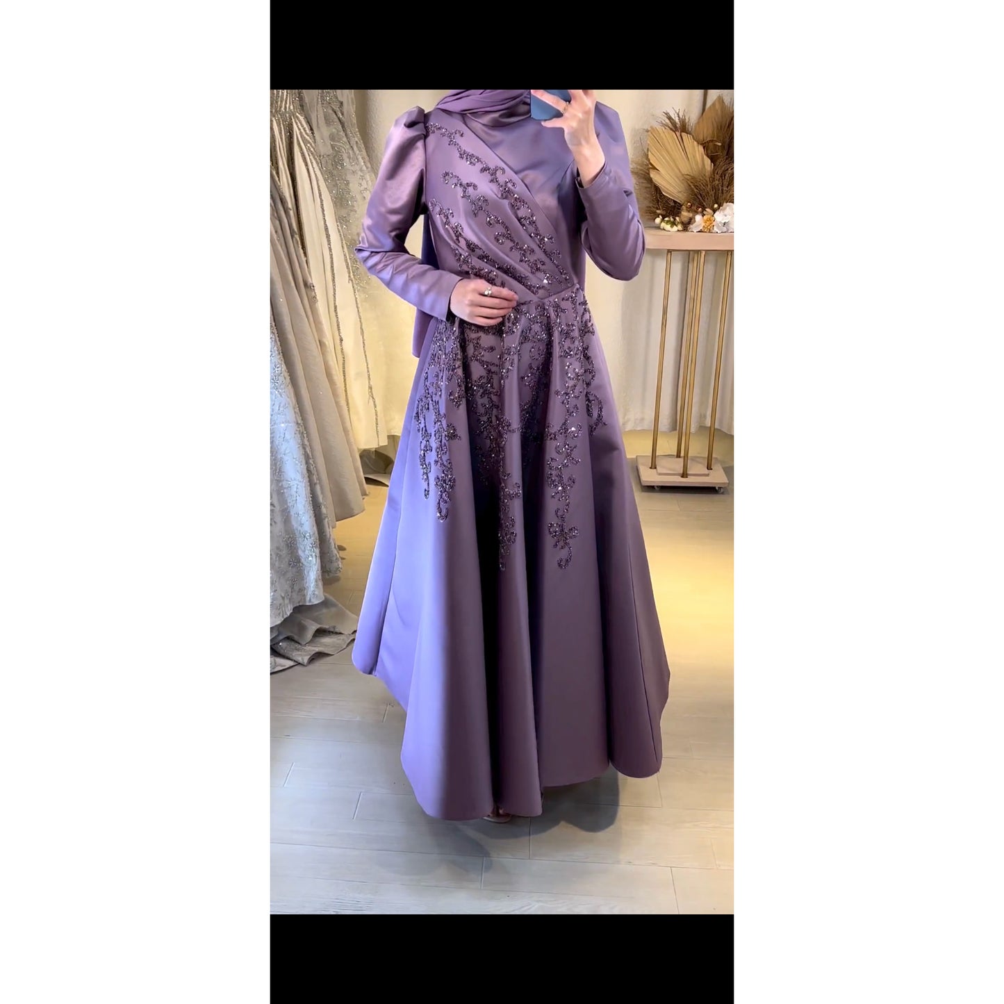 Modest Lavender Embroidered High Neck Maxi Flowing Dress