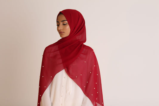 Red Pearl Chiffon Hijab