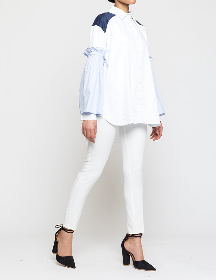 White Shirt With Pleated Blue Sleeves