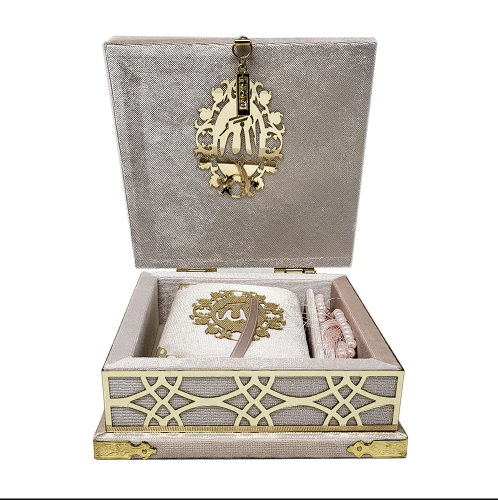 Velvet Covered Quran and Pearl Tasbih in Wooden Decorative Box
